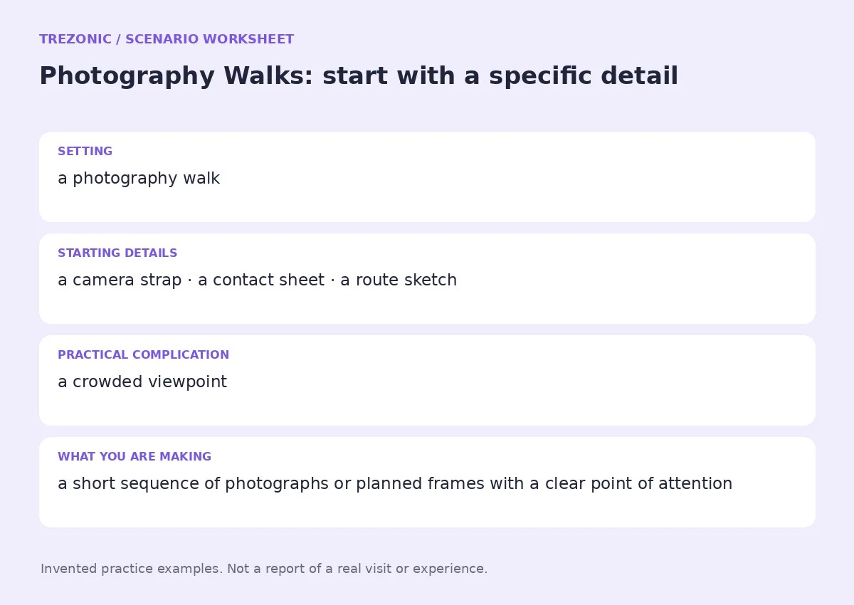 Practice worksheet for Photography Walks: setting, starting details, complication and goal