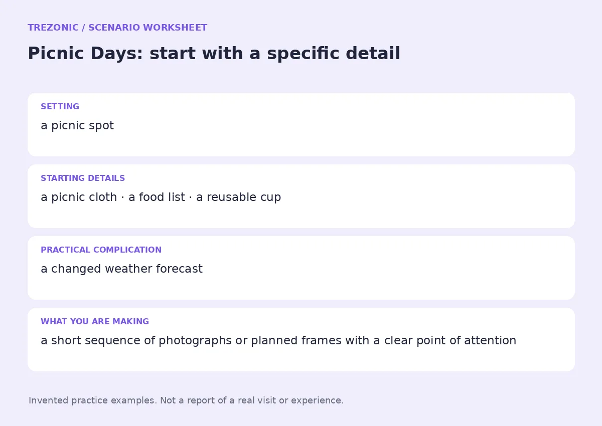 Practice worksheet for Picnic Days: setting, starting details, complication and goal