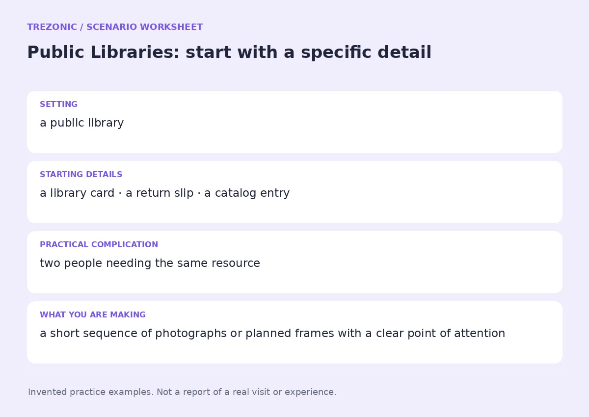 Practice worksheet for Public Libraries: setting, starting details, complication and goal