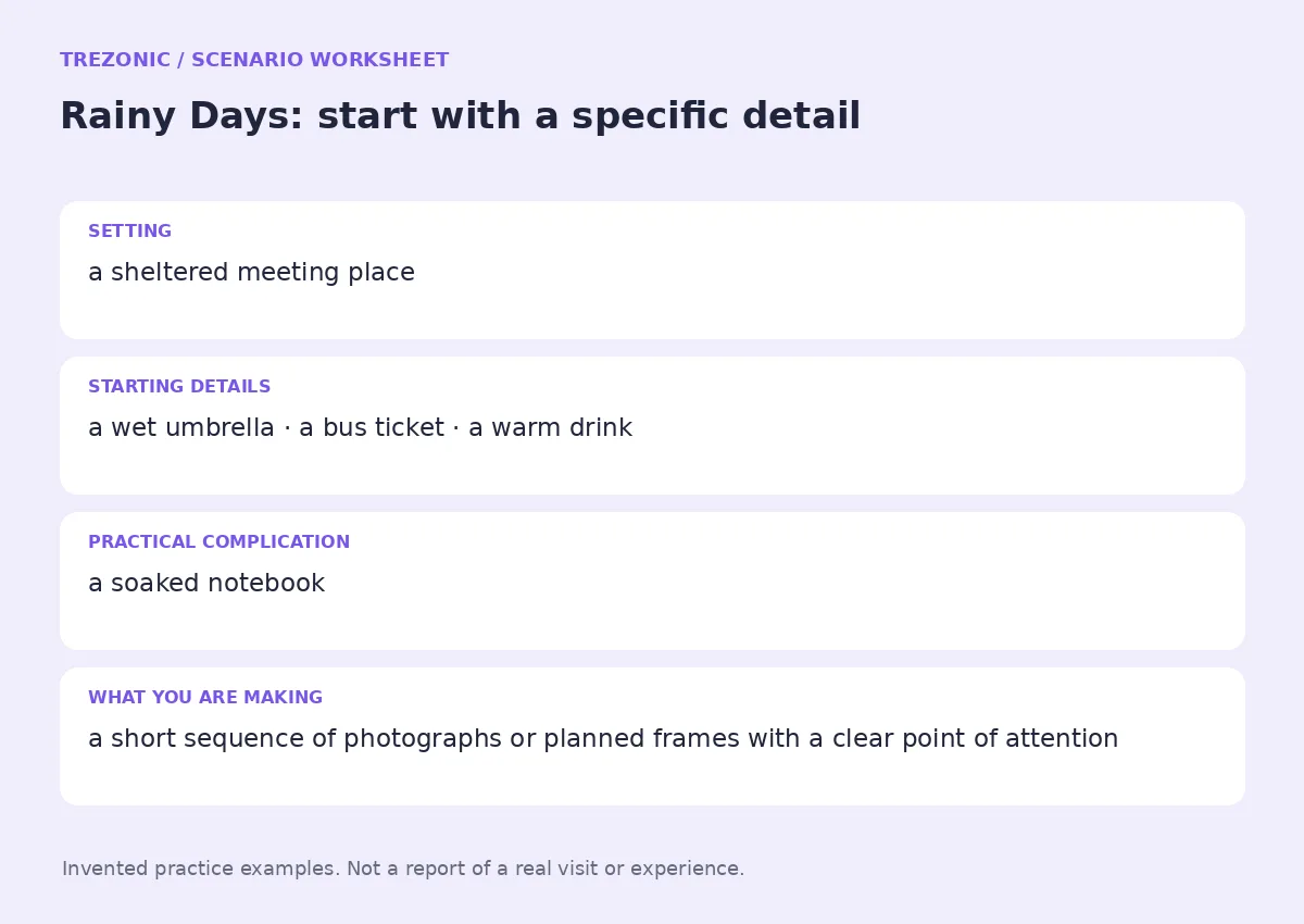 Practice worksheet for Rainy Days: setting, starting details, complication and goal