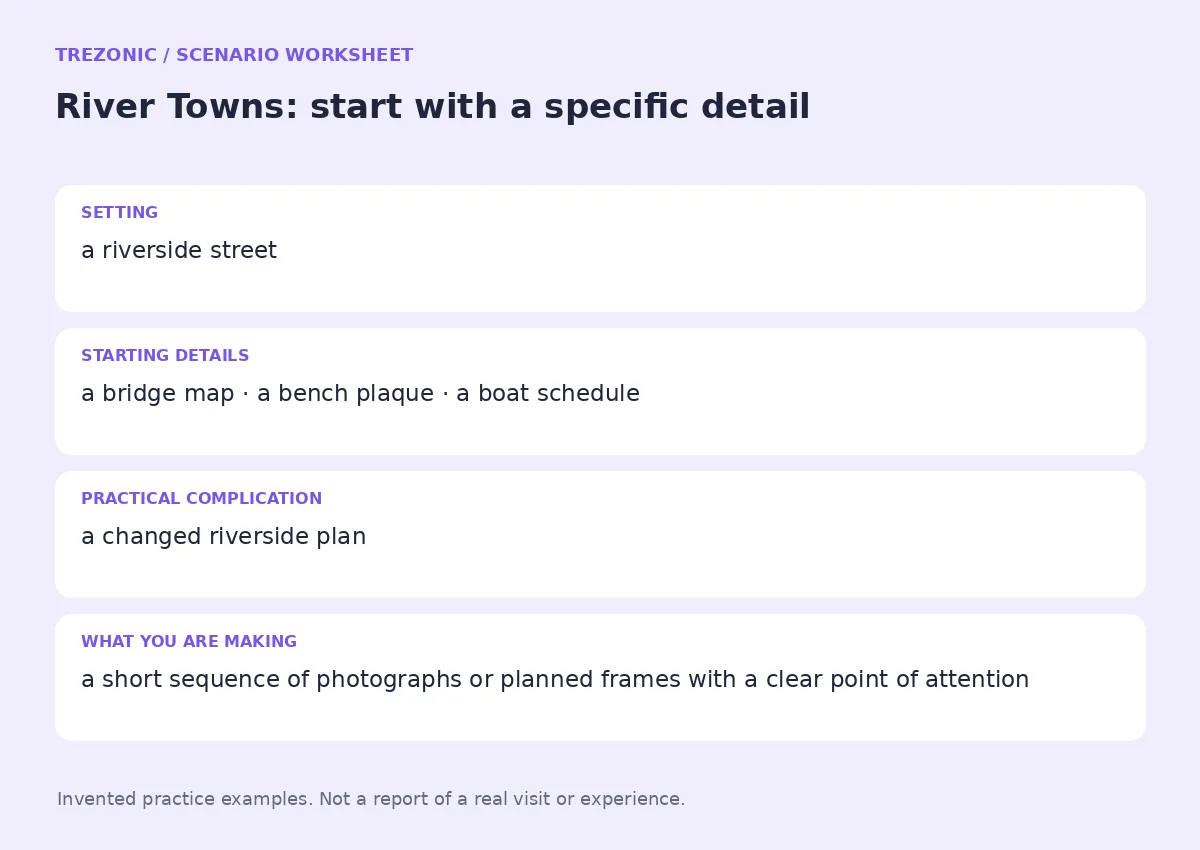 Practice worksheet for River Towns: setting, starting details, complication and goal