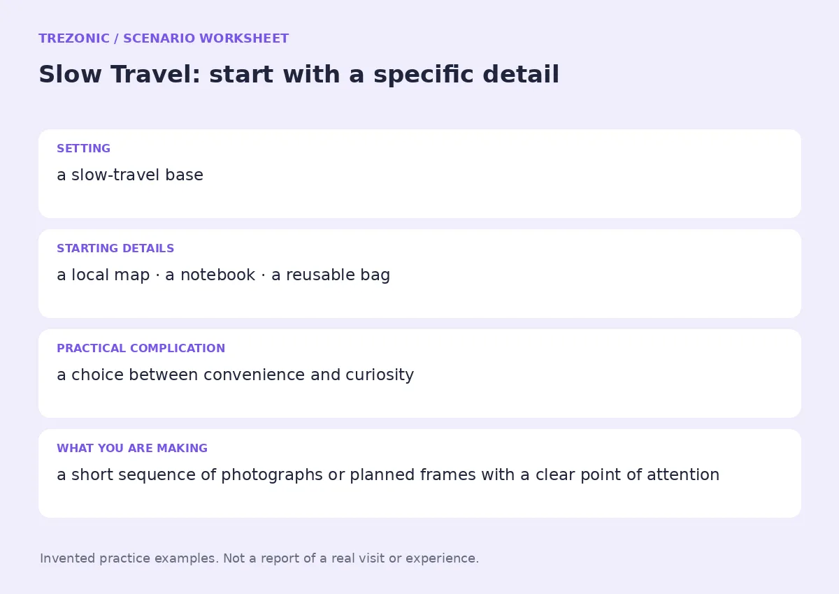 Practice worksheet for Slow Travel: setting, starting details, complication and goal