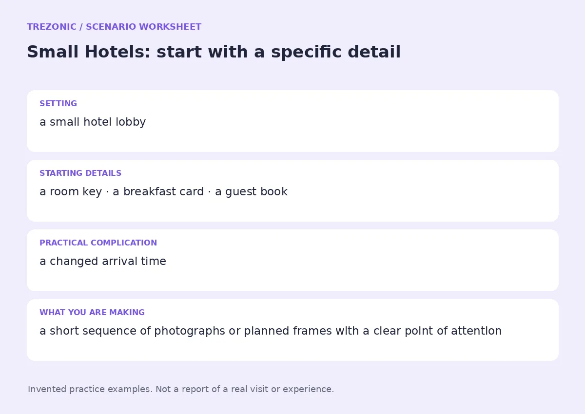 Practice worksheet for Small Hotels: setting, starting details, complication and goal