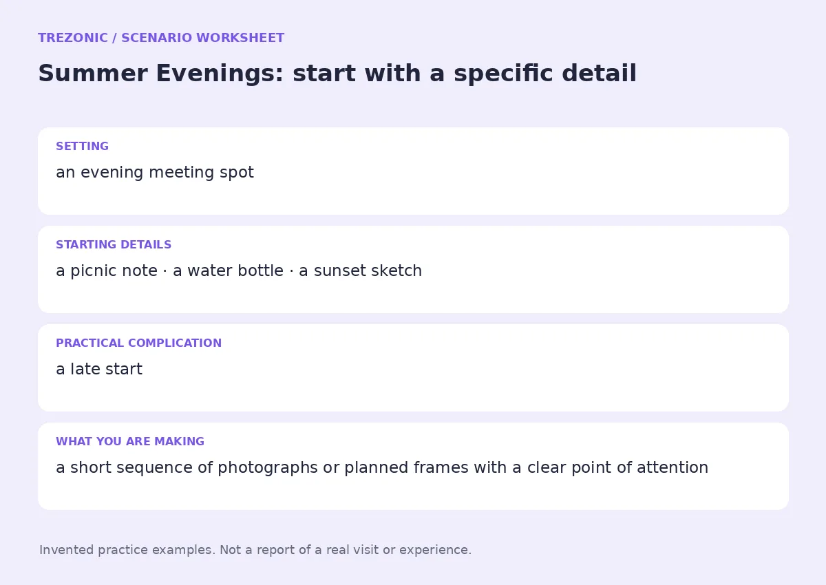 Practice worksheet for Summer Evenings: setting, starting details, complication and goal