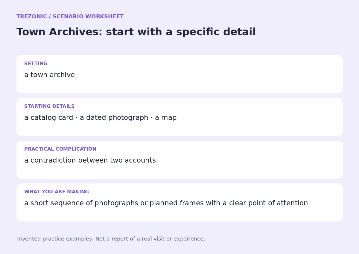 Practice worksheet for Town Archives: setting, starting details, complication and goal