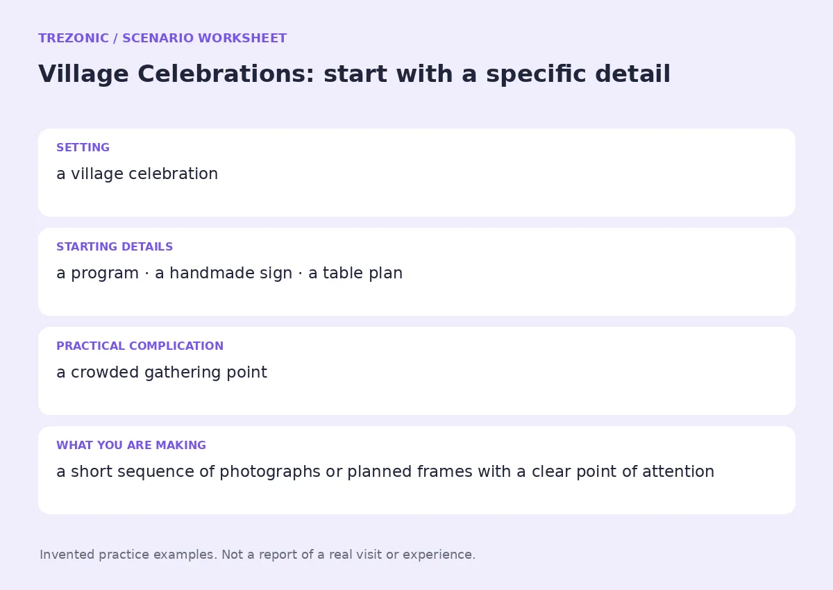 Practice worksheet for Village Celebrations: setting, starting details, complication and goal