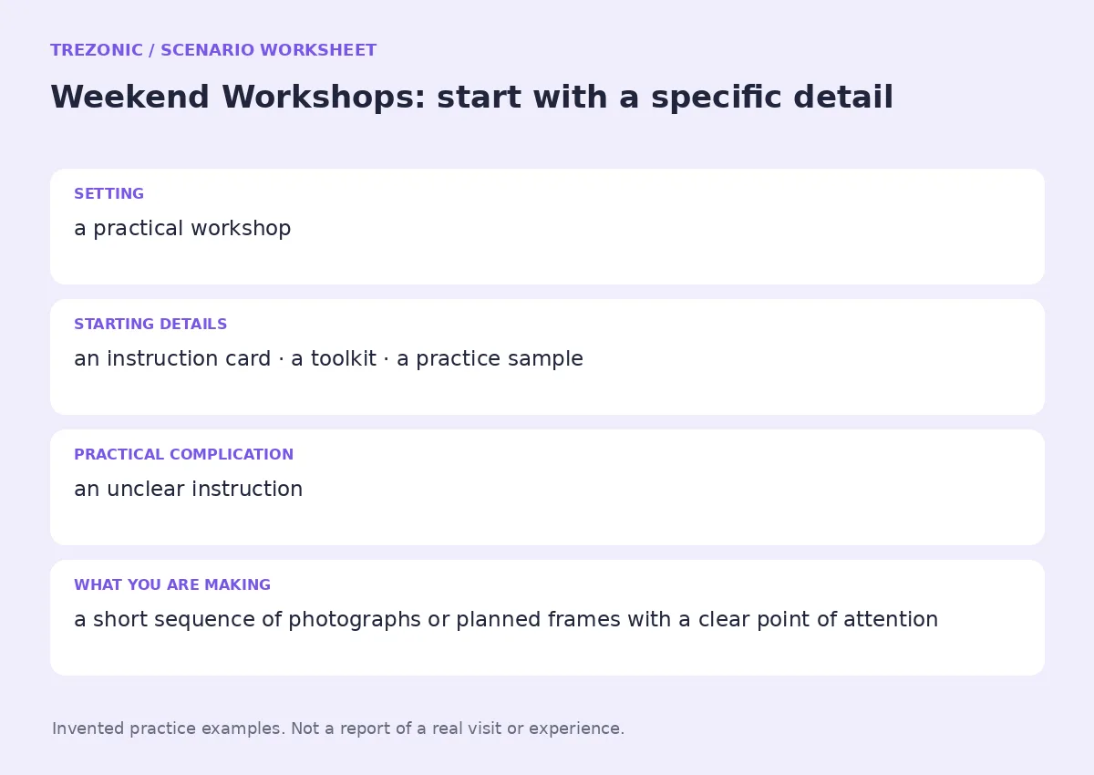 Practice worksheet for Weekend Workshops: setting, starting details, complication and goal