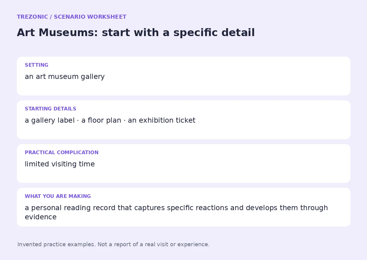 Practice worksheet for Art Museums: setting, starting details, complication and goal