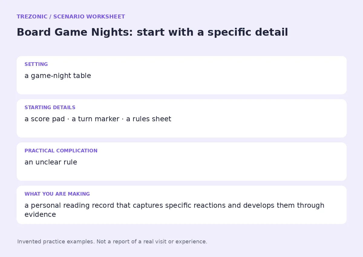 Practice worksheet for Board Game Nights: setting, starting details, complication and goal