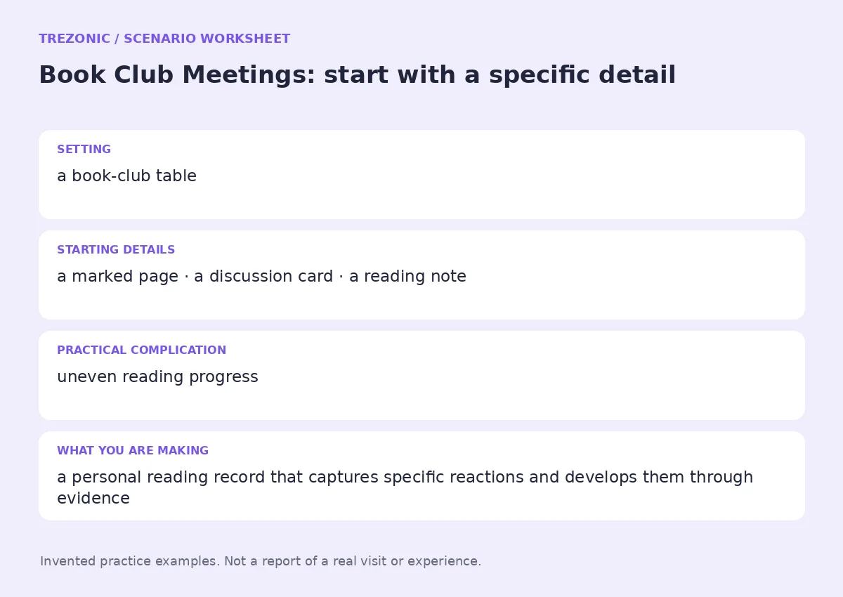 Practice worksheet for Book Club Meetings: setting, starting details, complication and goal