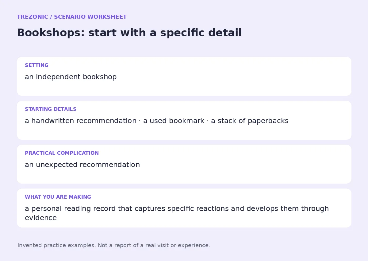 Practice worksheet for Bookshops: setting, starting details, complication and goal