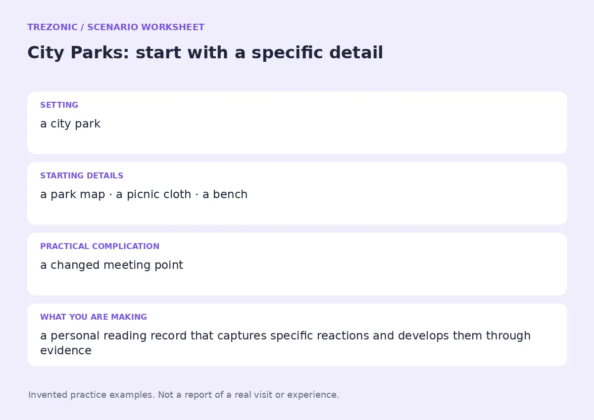 Practice worksheet for City Parks: setting, starting details, complication and goal