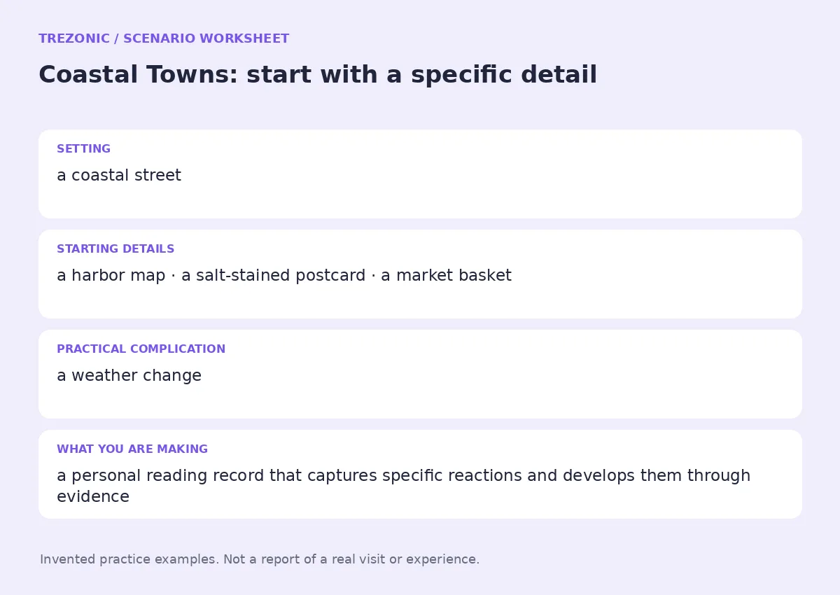 Practice worksheet for Coastal Towns: setting, starting details, complication and goal