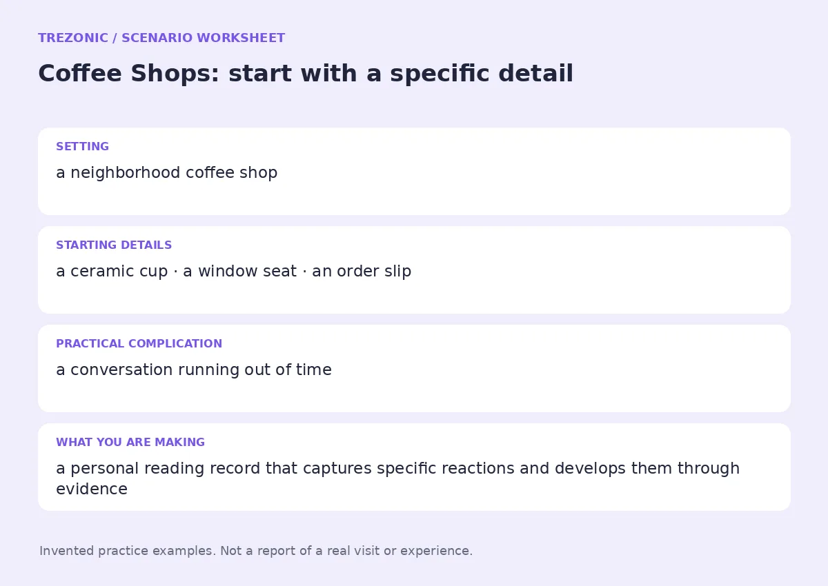 Practice worksheet for Coffee Shops: setting, starting details, complication and goal