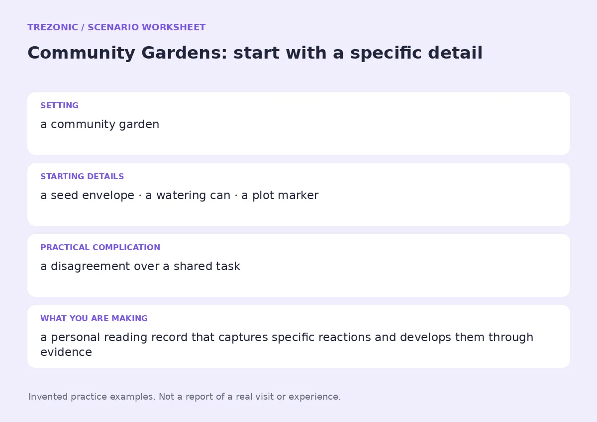 Practice worksheet for Community Gardens: setting, starting details, complication and goal