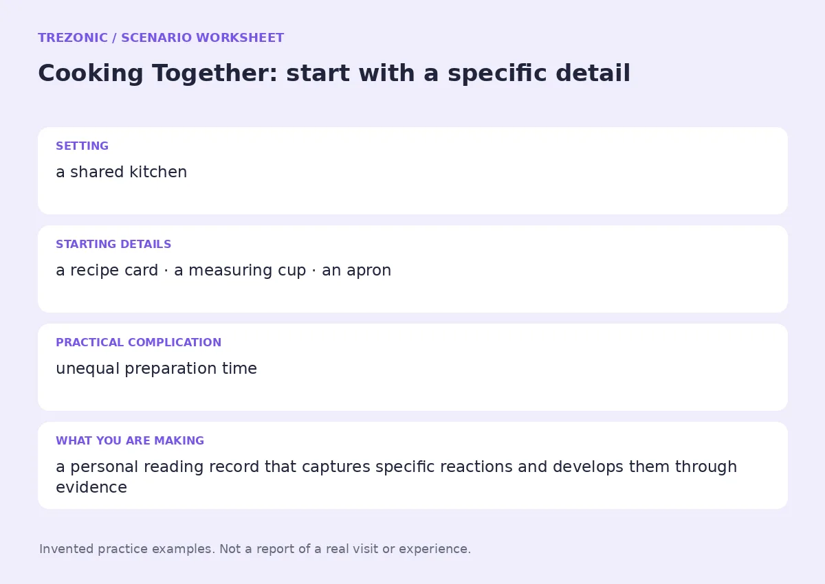 Practice worksheet for Cooking Together: setting, starting details, complication and goal