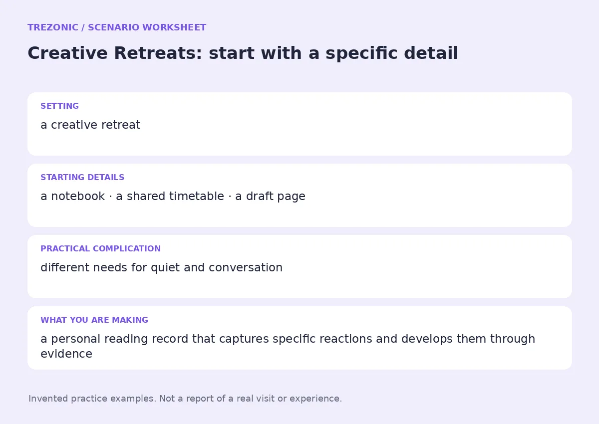 Practice worksheet for Creative Retreats: setting, starting details, complication and goal