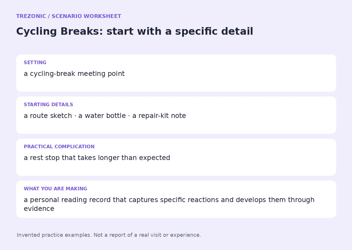 Practice worksheet for Cycling Breaks: setting, starting details, complication and goal