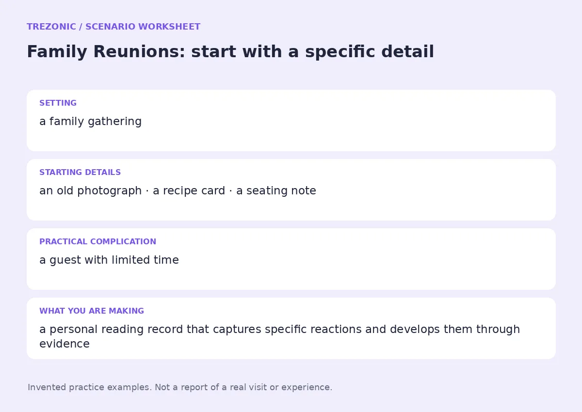 Practice worksheet for Family Reunions: setting, starting details, complication and goal