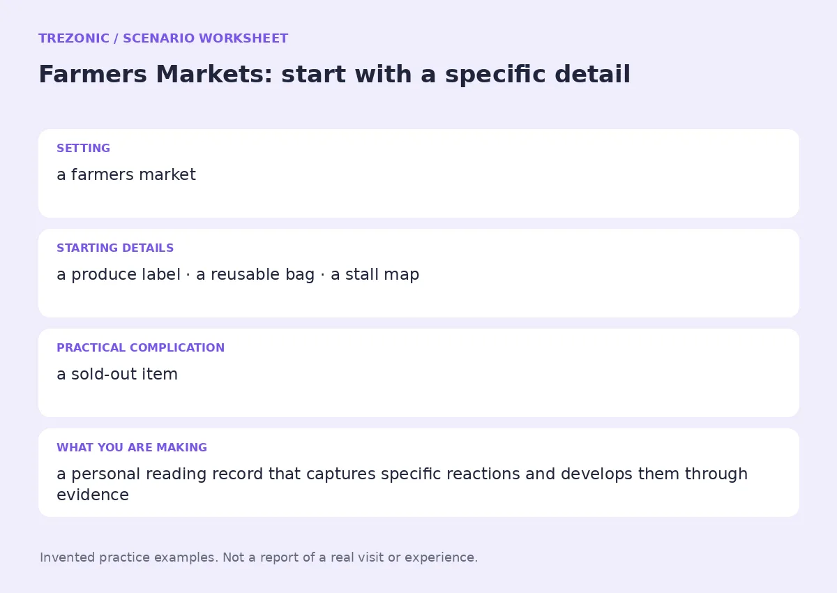 Practice worksheet for Farmers Markets: setting, starting details, complication and goal