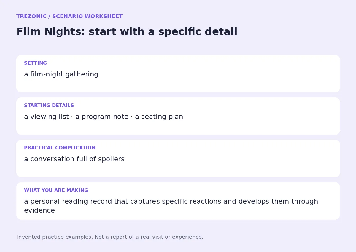 Practice worksheet for Film Nights: setting, starting details, complication and goal