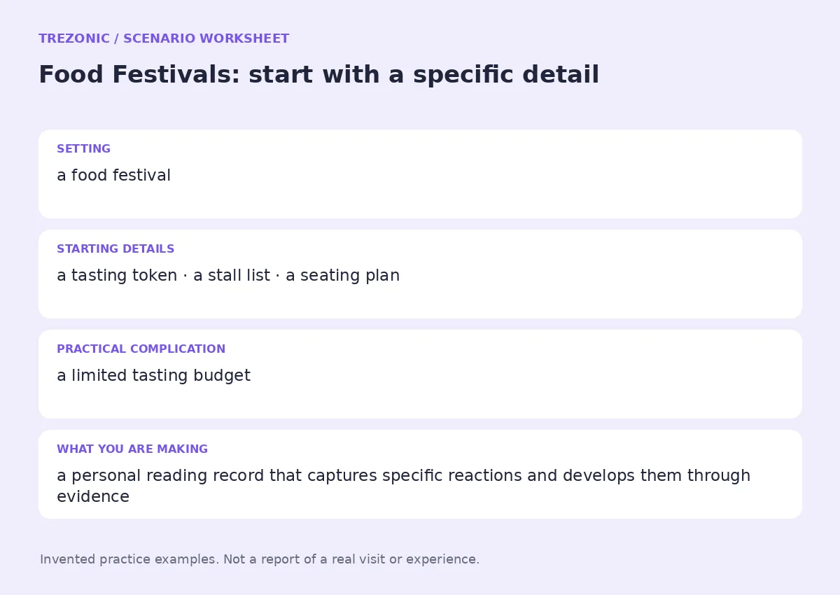 Practice worksheet for Food Festivals: setting, starting details, complication and goal
