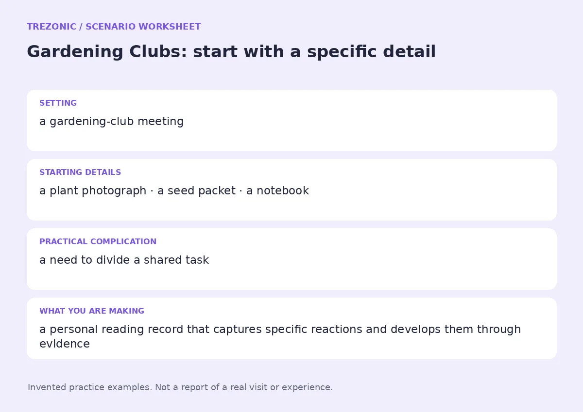 Practice worksheet for Gardening Clubs: setting, starting details, complication and goal