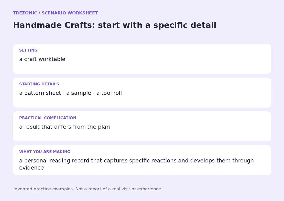 Practice worksheet for Handmade Crafts: setting, starting details, complication and goal