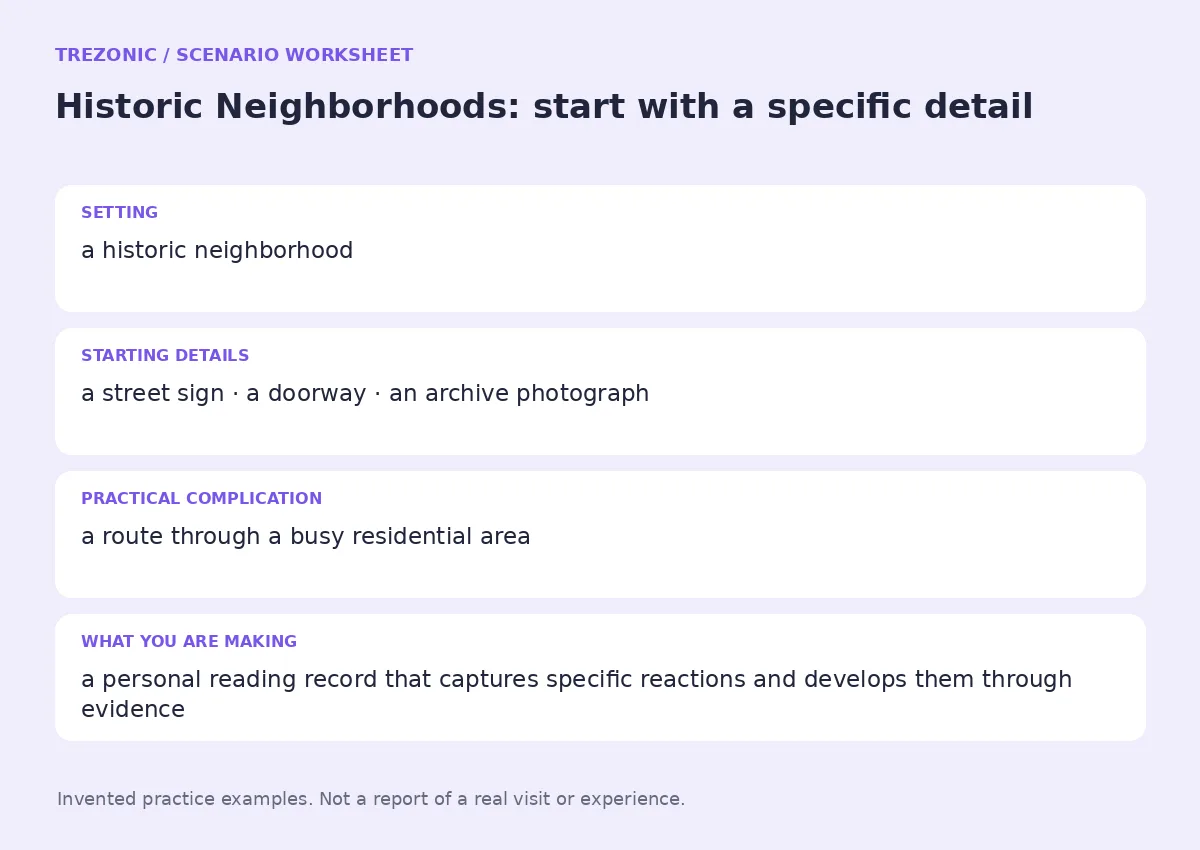 Practice worksheet for Historic Neighborhoods: setting, starting details, complication and goal