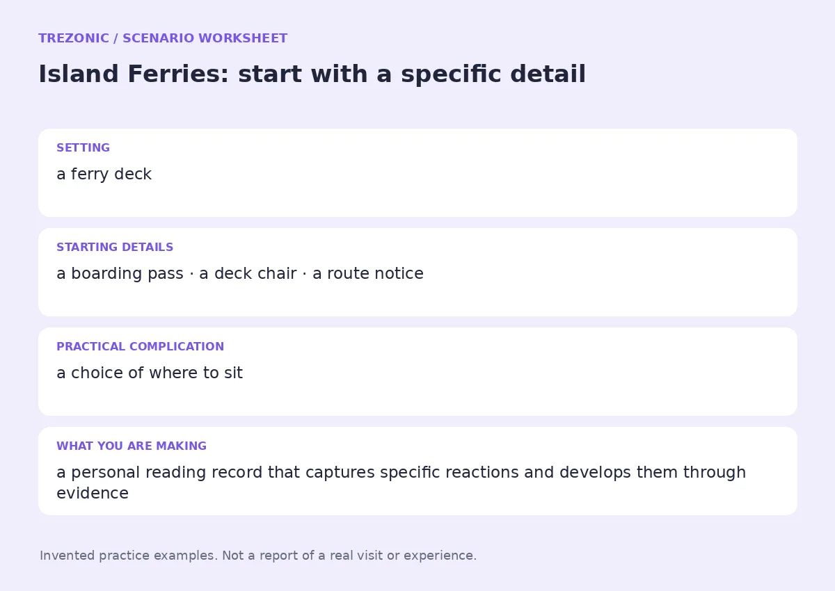 Practice worksheet for Island Ferries: setting, starting details, complication and goal