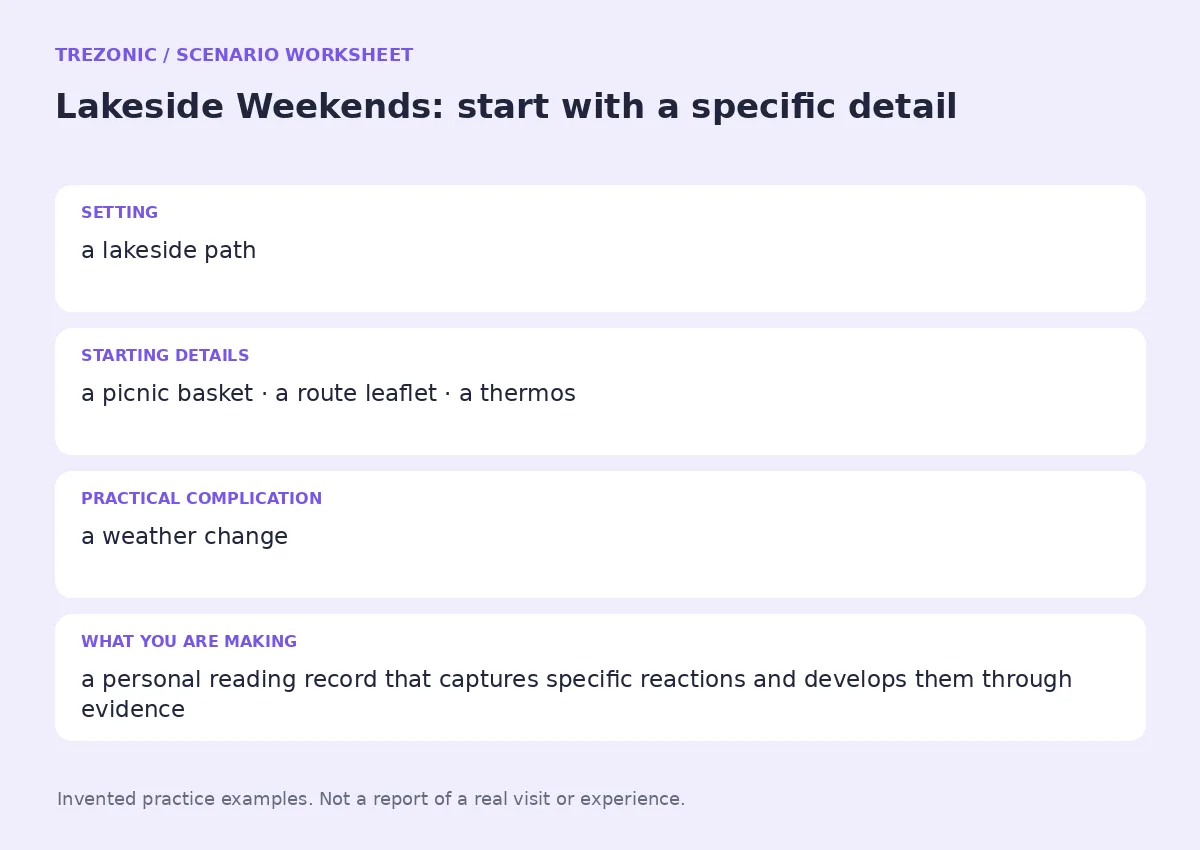 Practice worksheet for Lakeside Weekends: setting, starting details, complication and goal