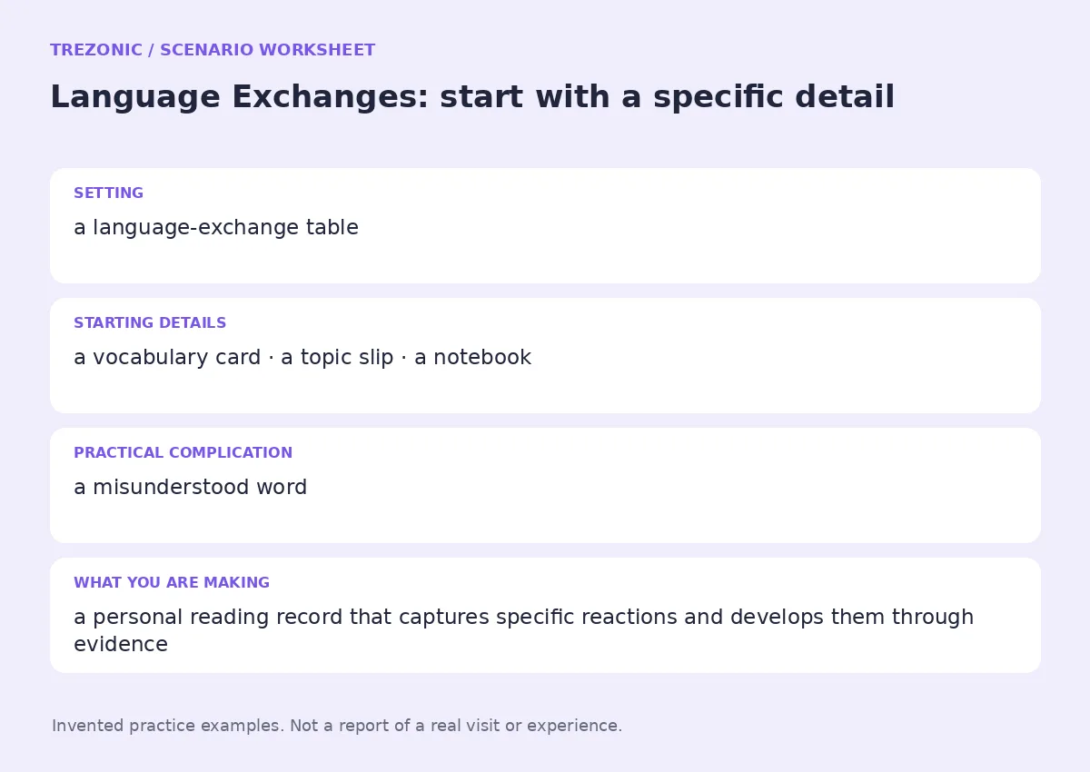 Practice worksheet for Language Exchanges: setting, starting details, complication and goal