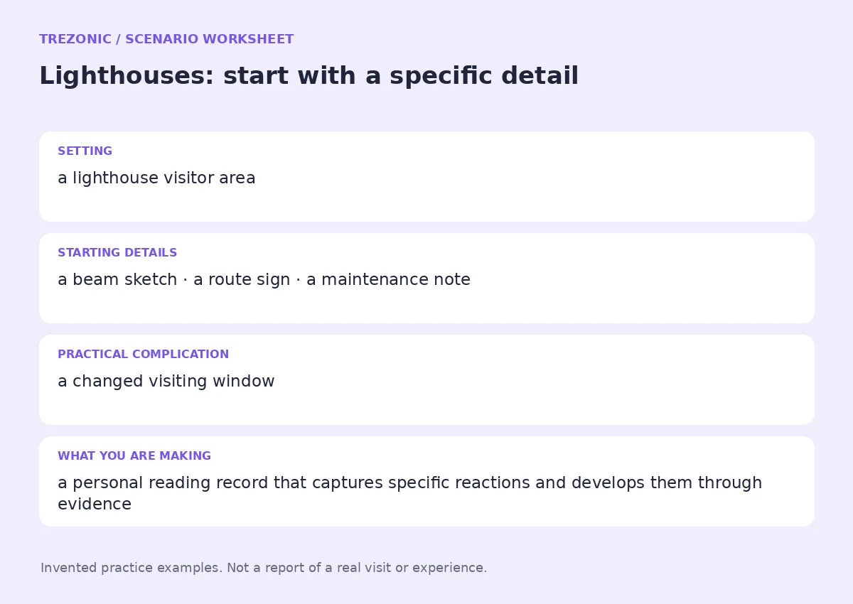 Practice worksheet for Lighthouses: setting, starting details, complication and goal