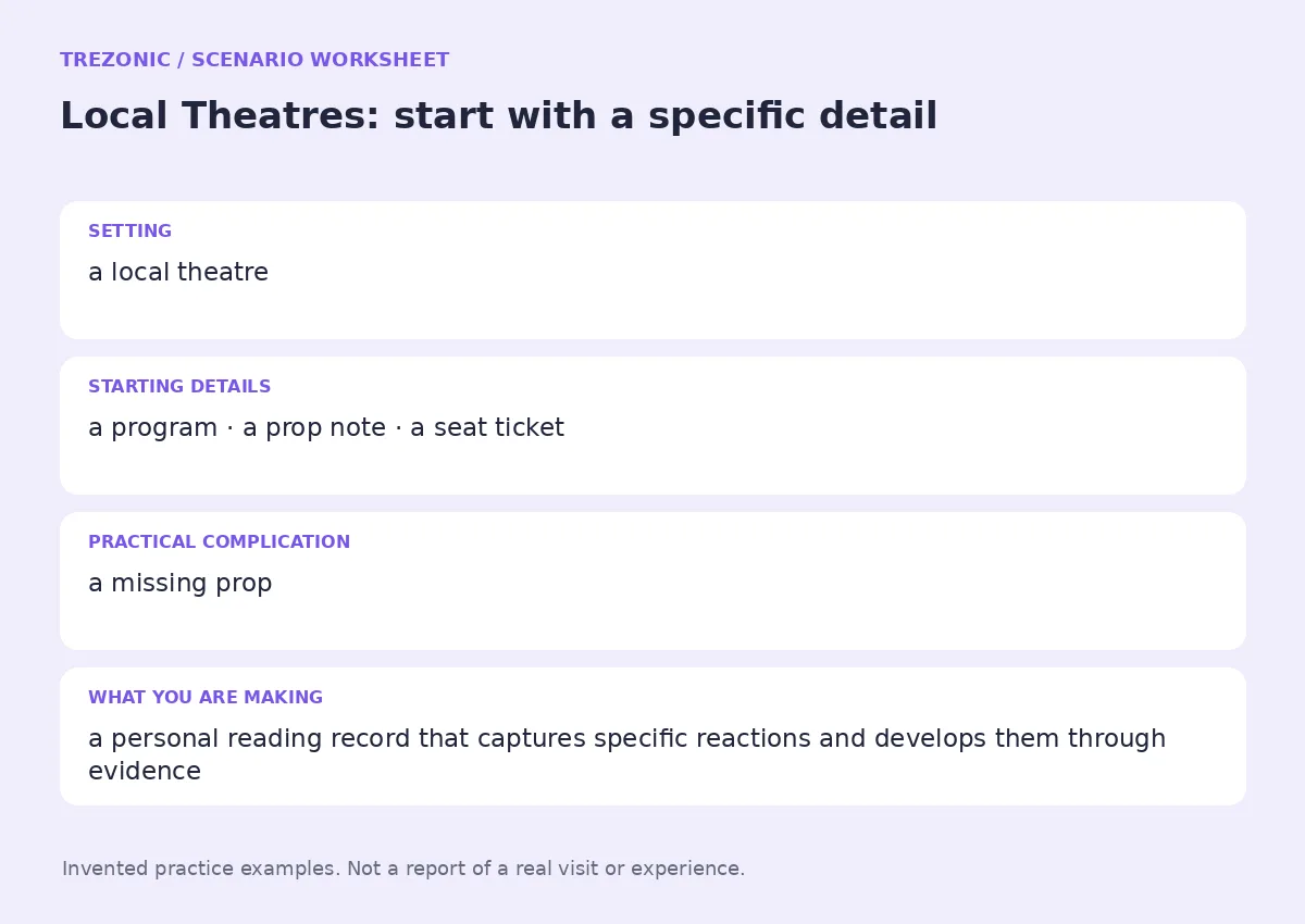 Practice worksheet for Local Theatres: setting, starting details, complication and goal