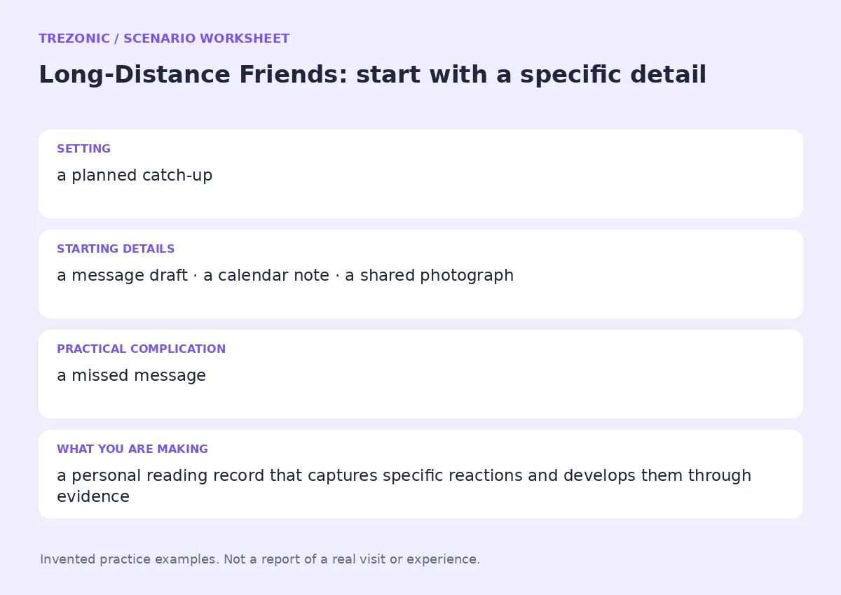 Practice worksheet for Long-Distance Friends: setting, starting details, complication and goal