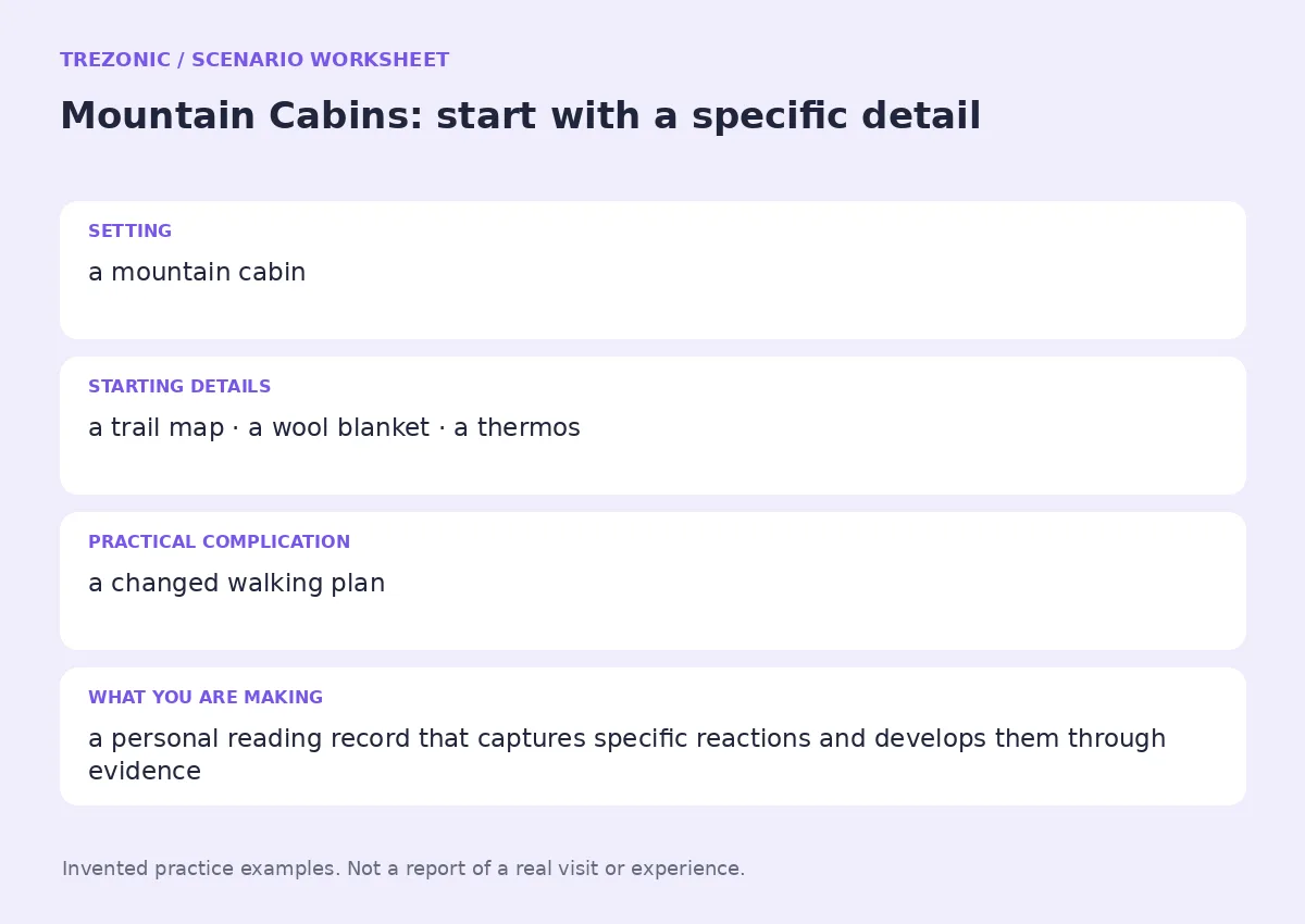Practice worksheet for Mountain Cabins: setting, starting details, complication and goal