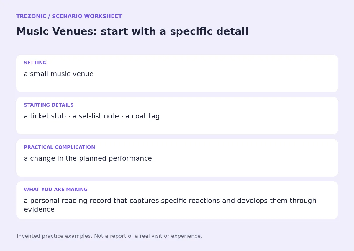 Practice worksheet for Music Venues: setting, starting details, complication and goal