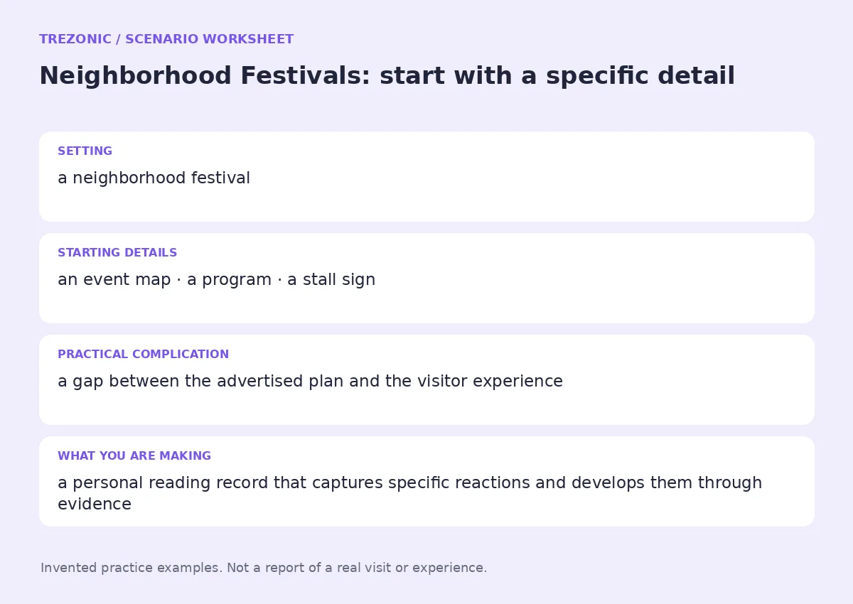 Practice worksheet for Neighborhood Festivals: setting, starting details, complication and goal