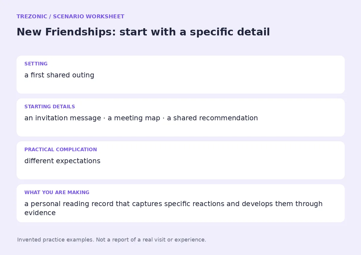 Practice worksheet for New Friendships: setting, starting details, complication and goal