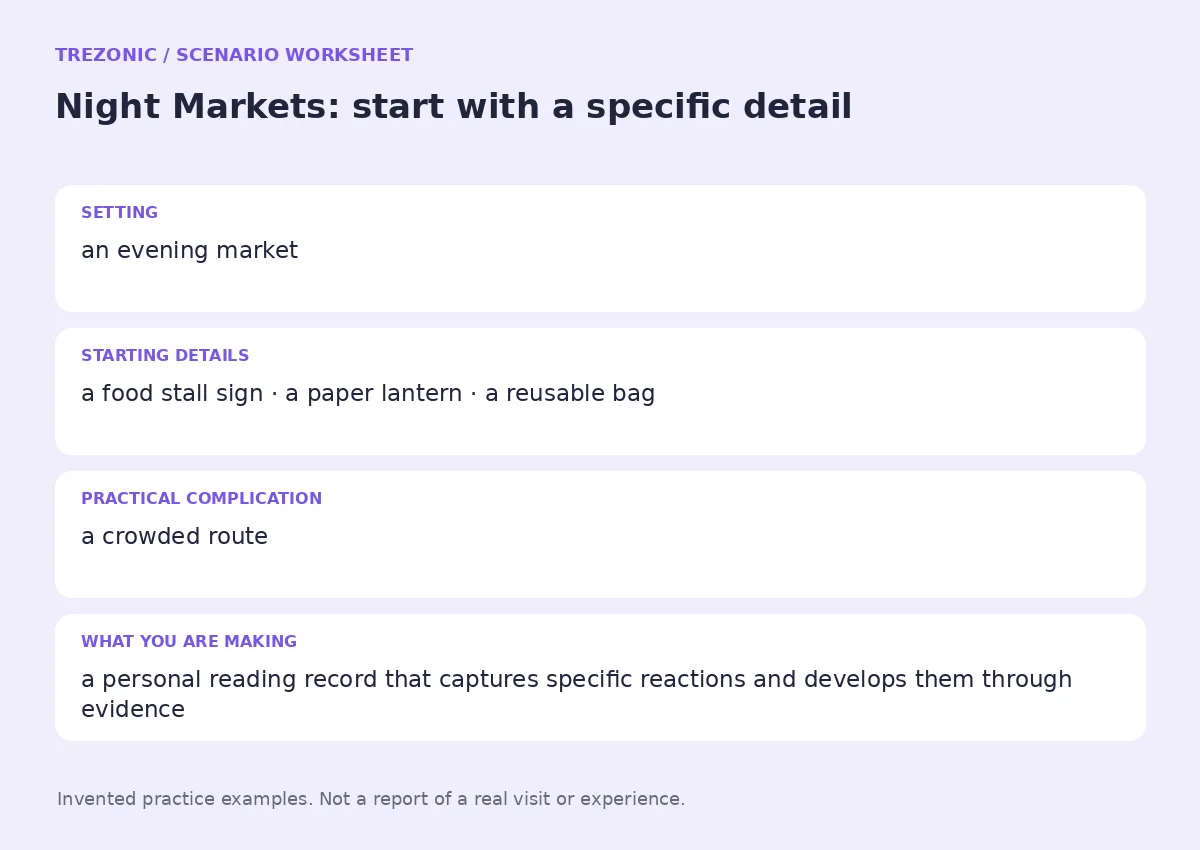 Practice worksheet for Night Markets: setting, starting details, complication and goal