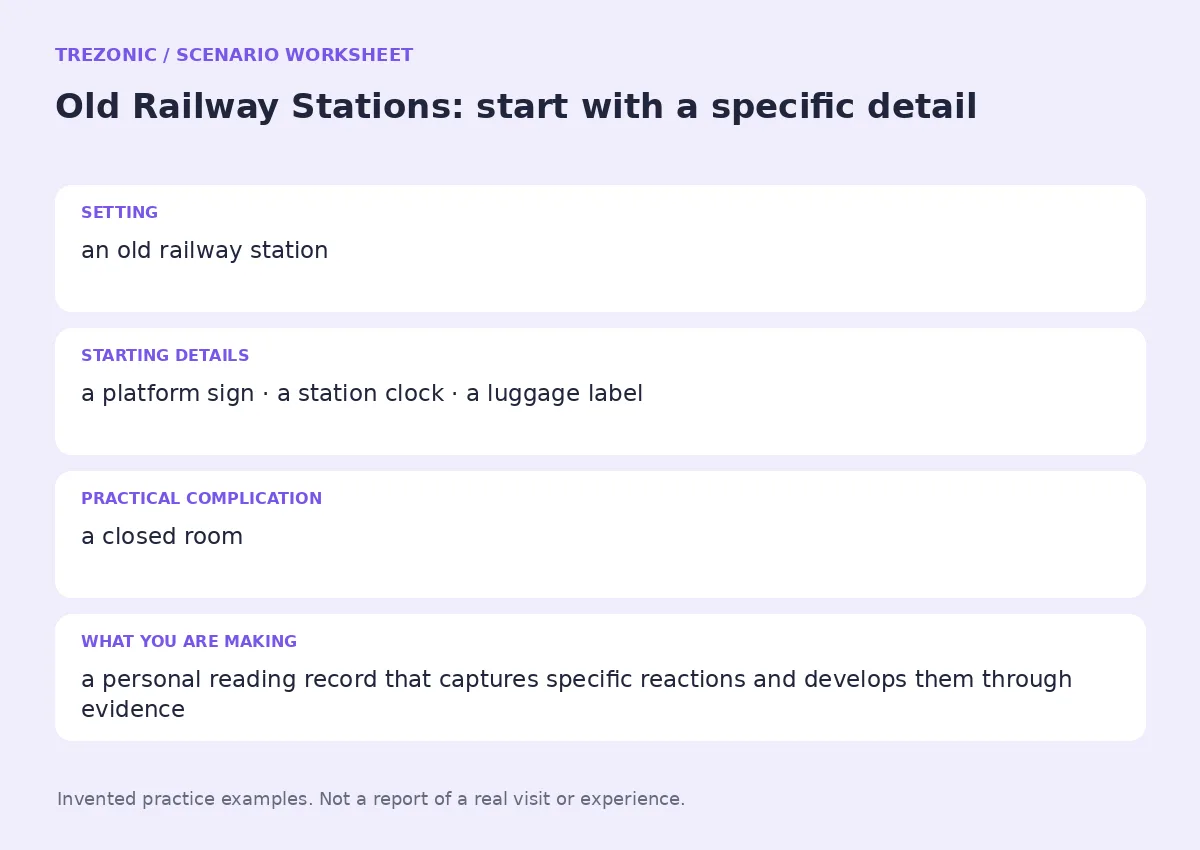 Practice worksheet for Old Railway Stations: setting, starting details, complication and goal