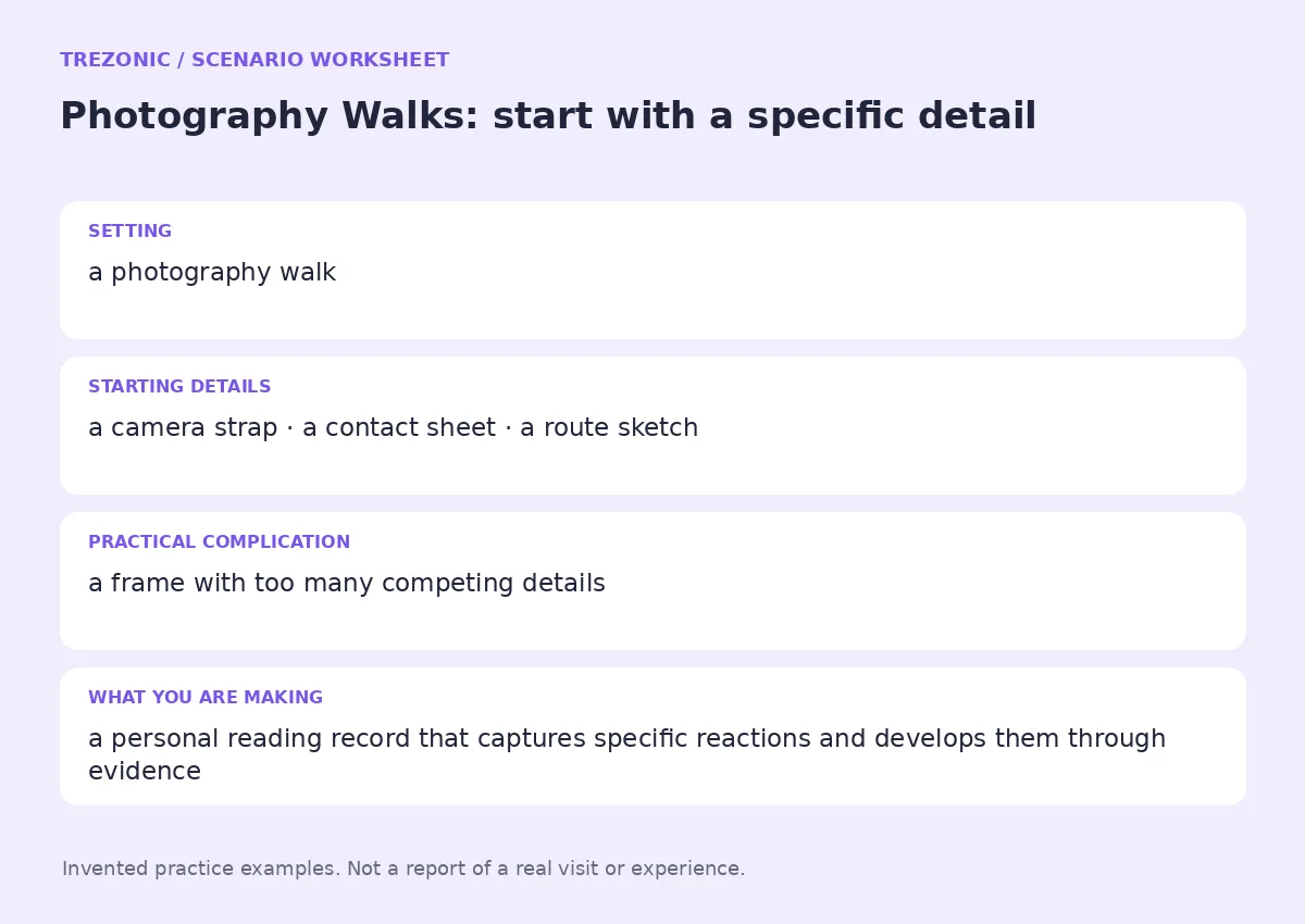 Practice worksheet for Photography Walks: setting, starting details, complication and goal