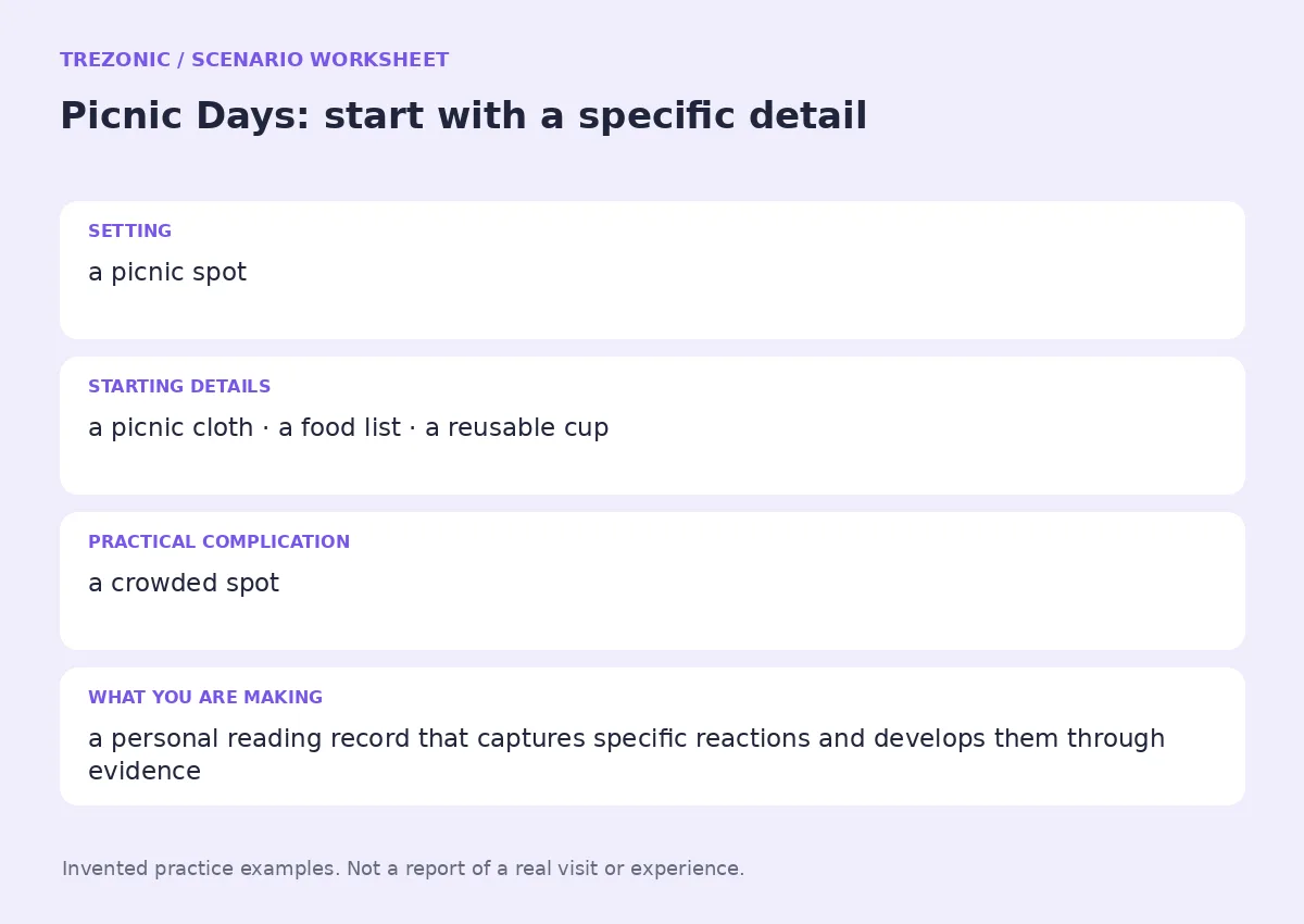 Practice worksheet for Picnic Days: setting, starting details, complication and goal