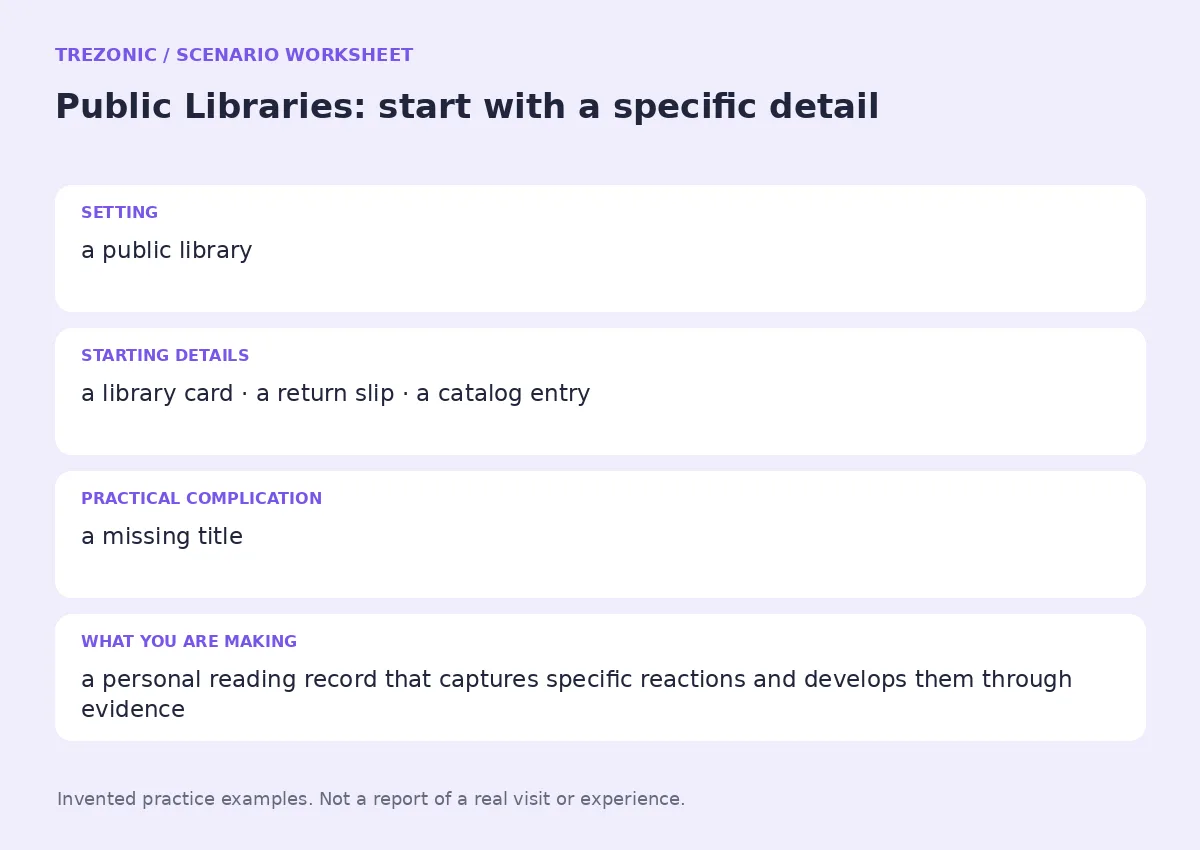 Practice worksheet for Public Libraries: setting, starting details, complication and goal