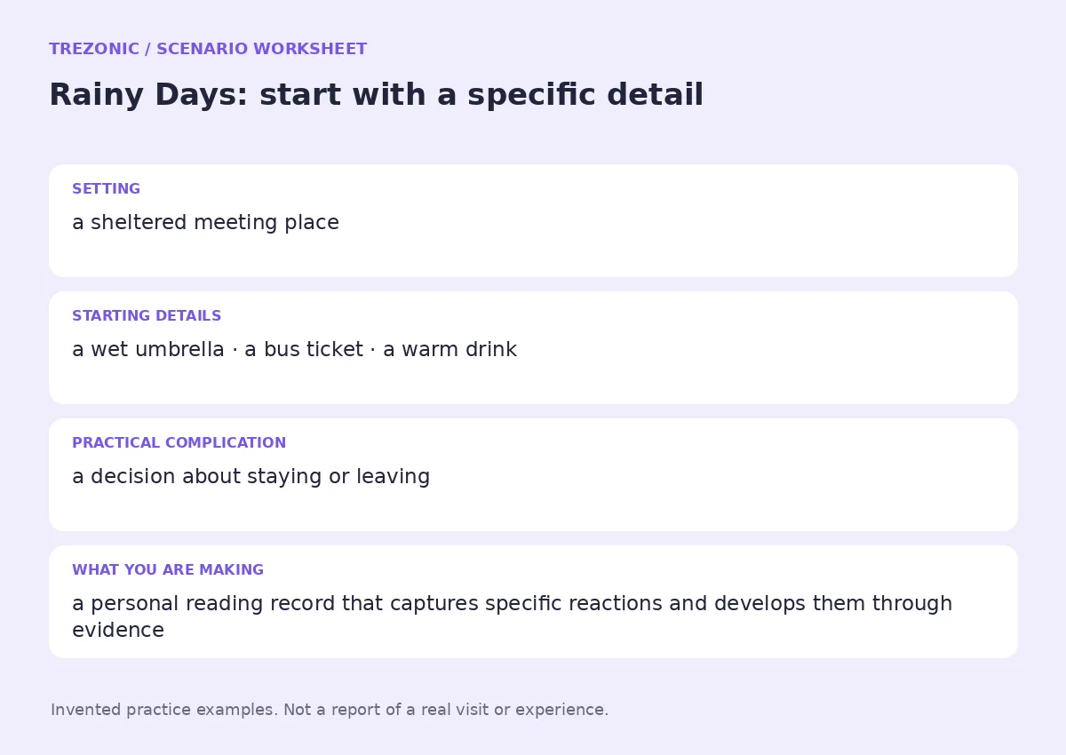 Practice worksheet for Rainy Days: setting, starting details, complication and goal