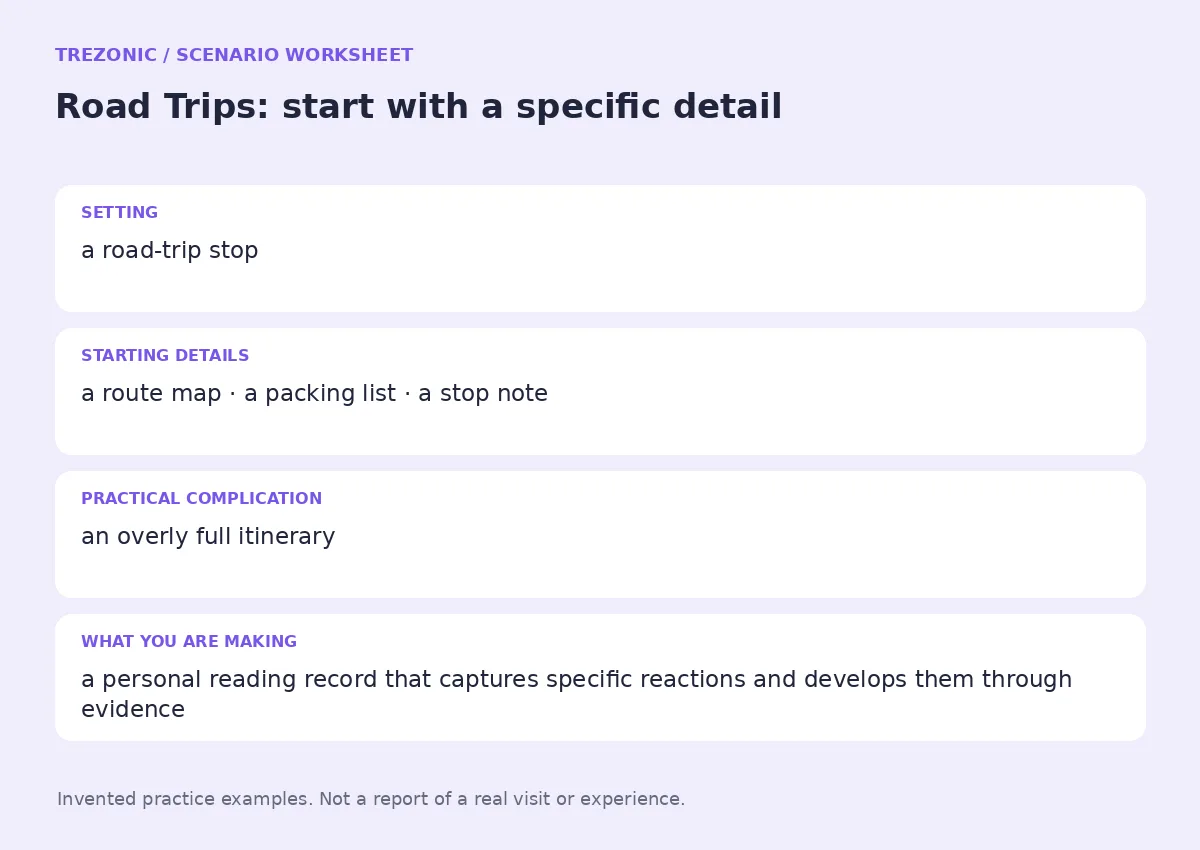 Practice worksheet for Road Trips: setting, starting details, complication and goal
