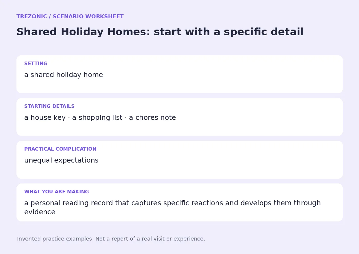 Practice worksheet for Shared Holiday Homes: setting, starting details, complication and goal