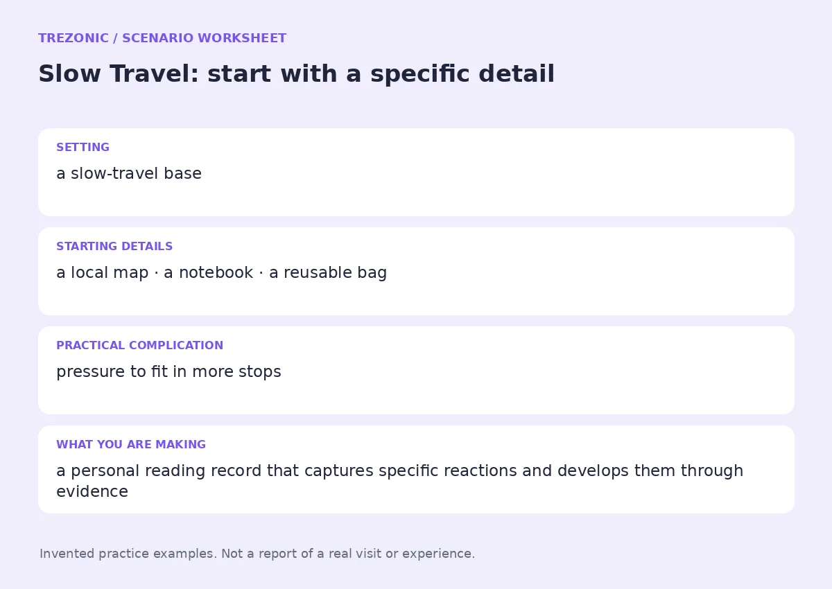 Practice worksheet for Slow Travel: setting, starting details, complication and goal