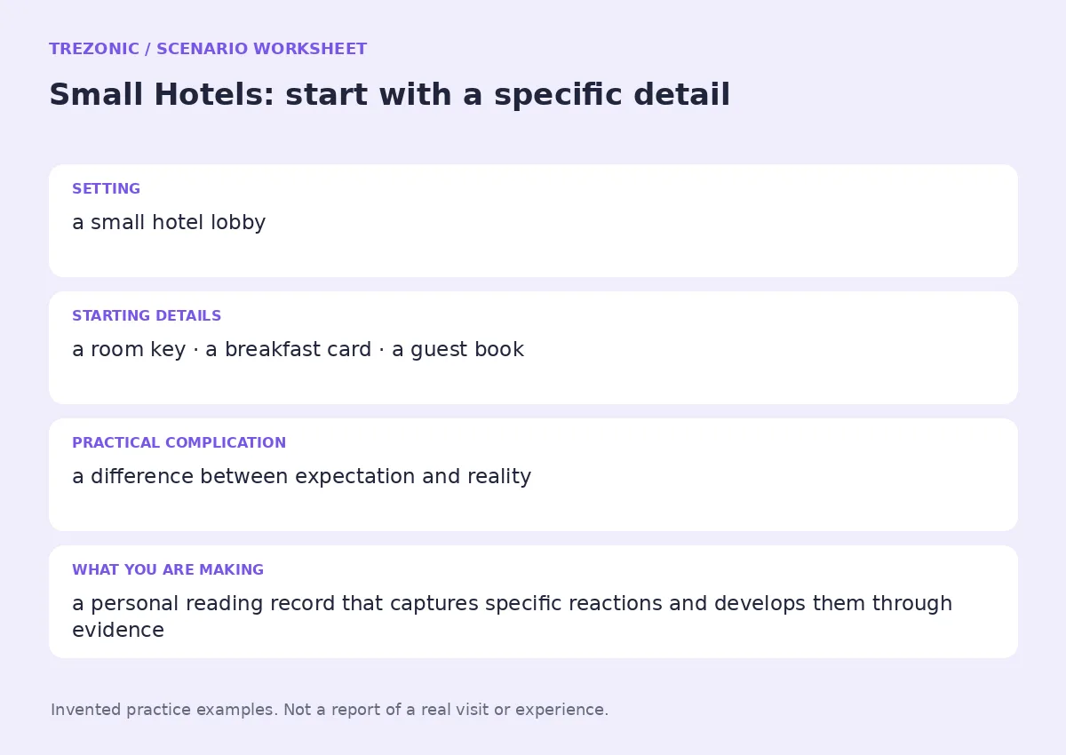 Practice worksheet for Small Hotels: setting, starting details, complication and goal