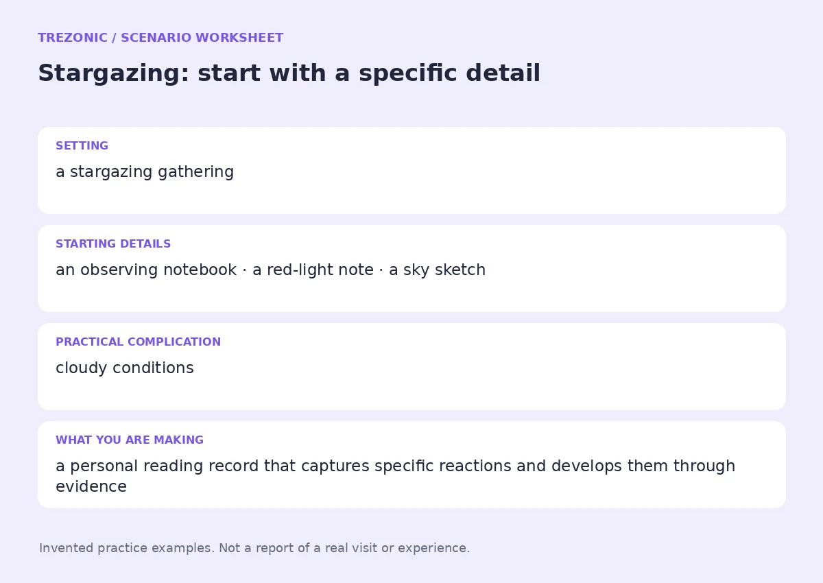 Practice worksheet for Stargazing: setting, starting details, complication and goal